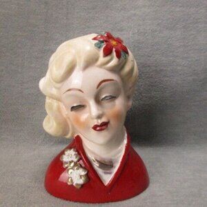 Vintage Lady Head Vase Red Gold Poinsettia Holiday 6.5in Ceramic